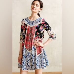 Anthropologie Vanessa Virginia Inez Cotton Swing Dress Floral Crochet Patch Sz 6